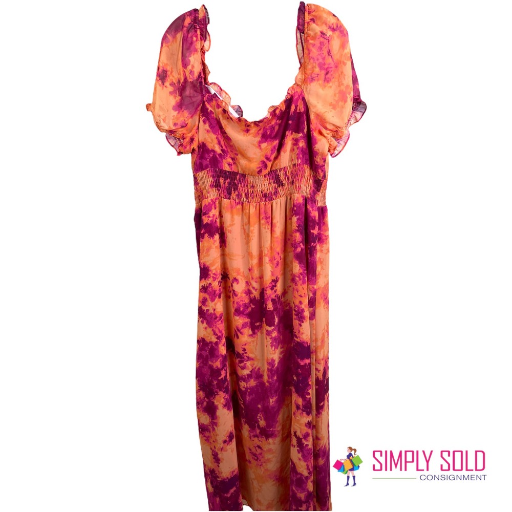 Bar III Womens Printed Maxi Dress Bell Sleeve Orange Pink Tie Dye Square Neck XL